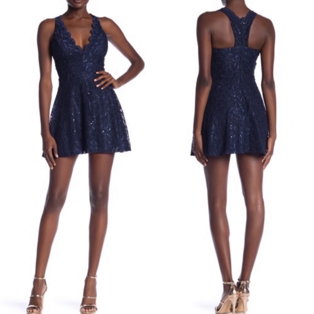 NEW Jump Navy Sequin Lace Racerback Mini Dress